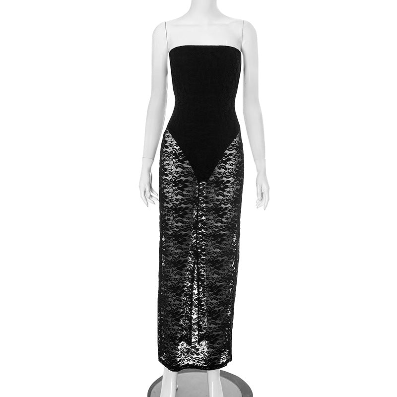 Women's Strapless Low-Back Patchwork Lace Hollow Bodycon Long Dress 6