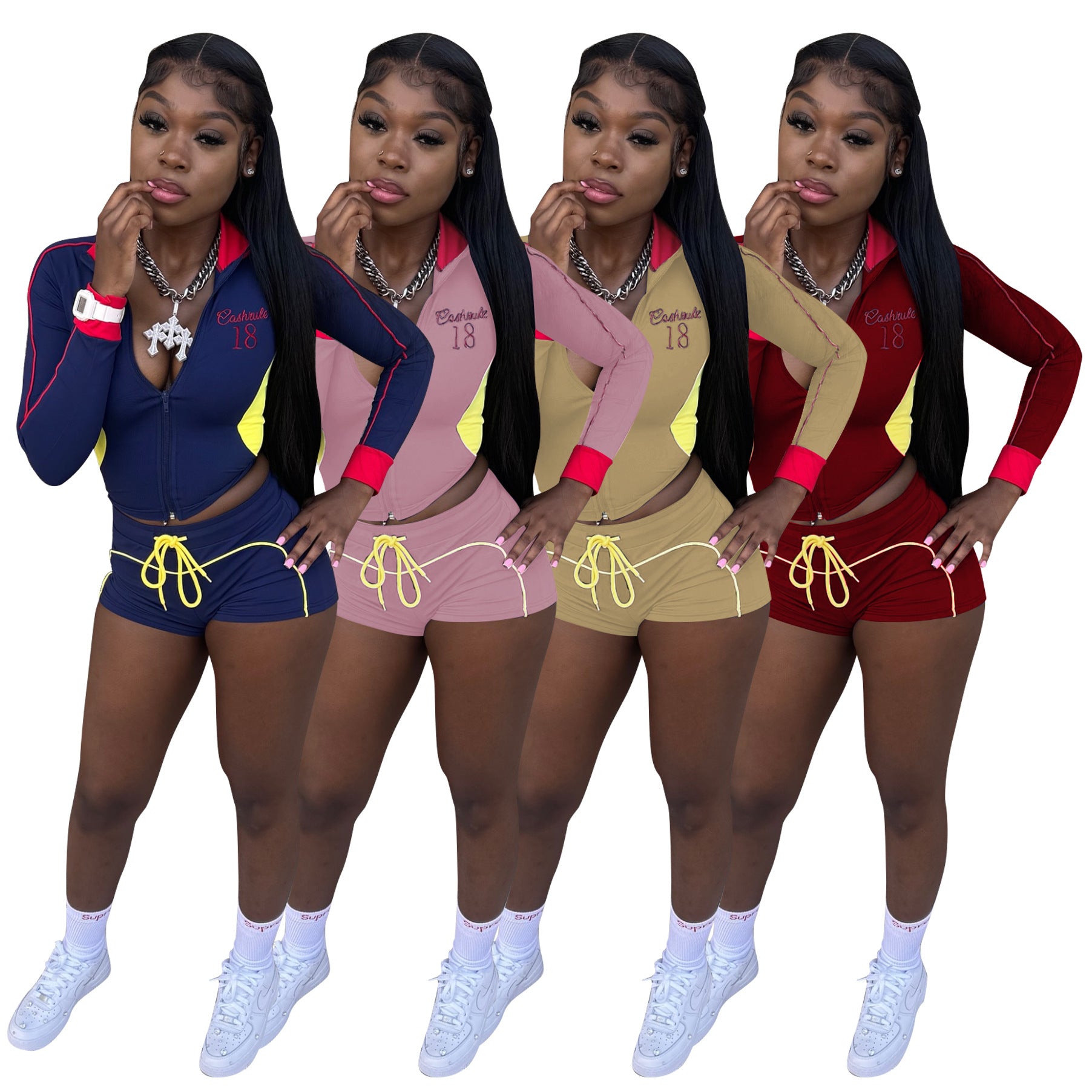 Women Casual Long-Sleeved Shorts with Embroidered Contrast Colors Two-Piece Top and Shorts Set 6