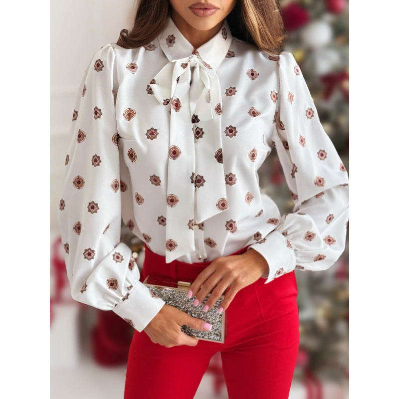 Printed Long Sleeve Bow Tie Shirt Women's Top 5
