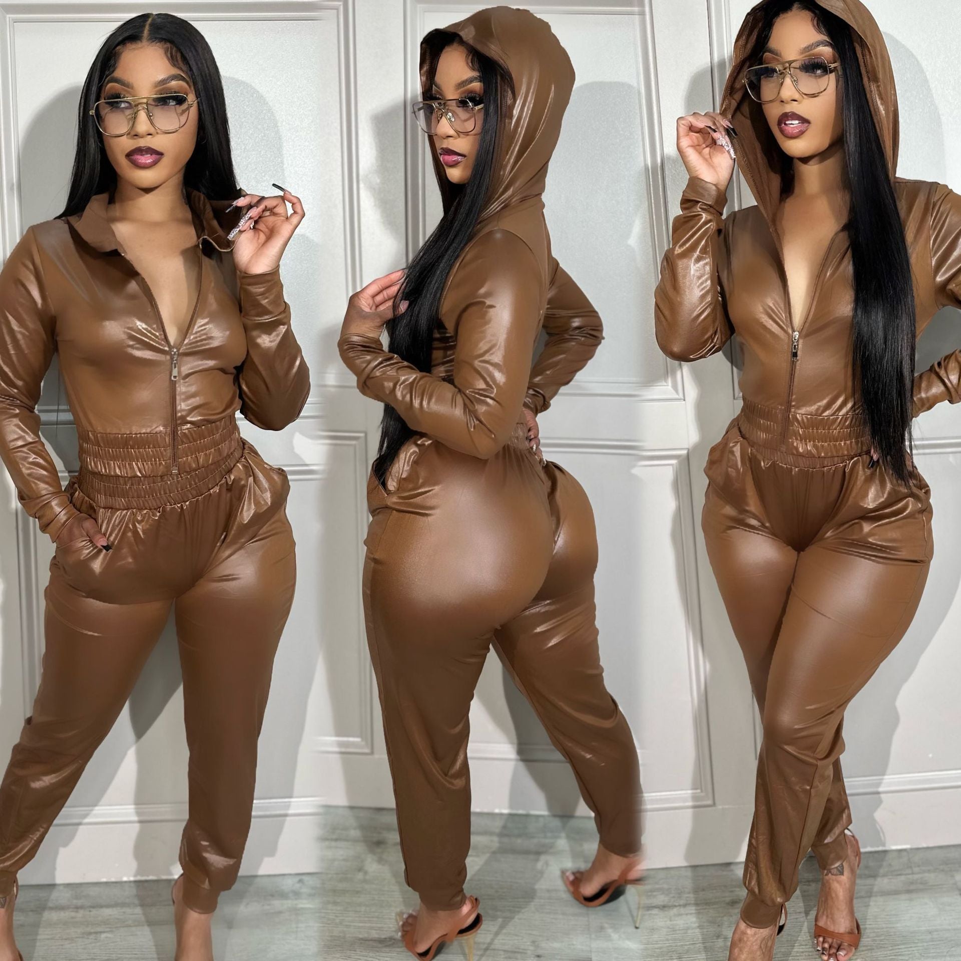 Women Casual PU-Leather Hooded and Pant Two-piece Set 5