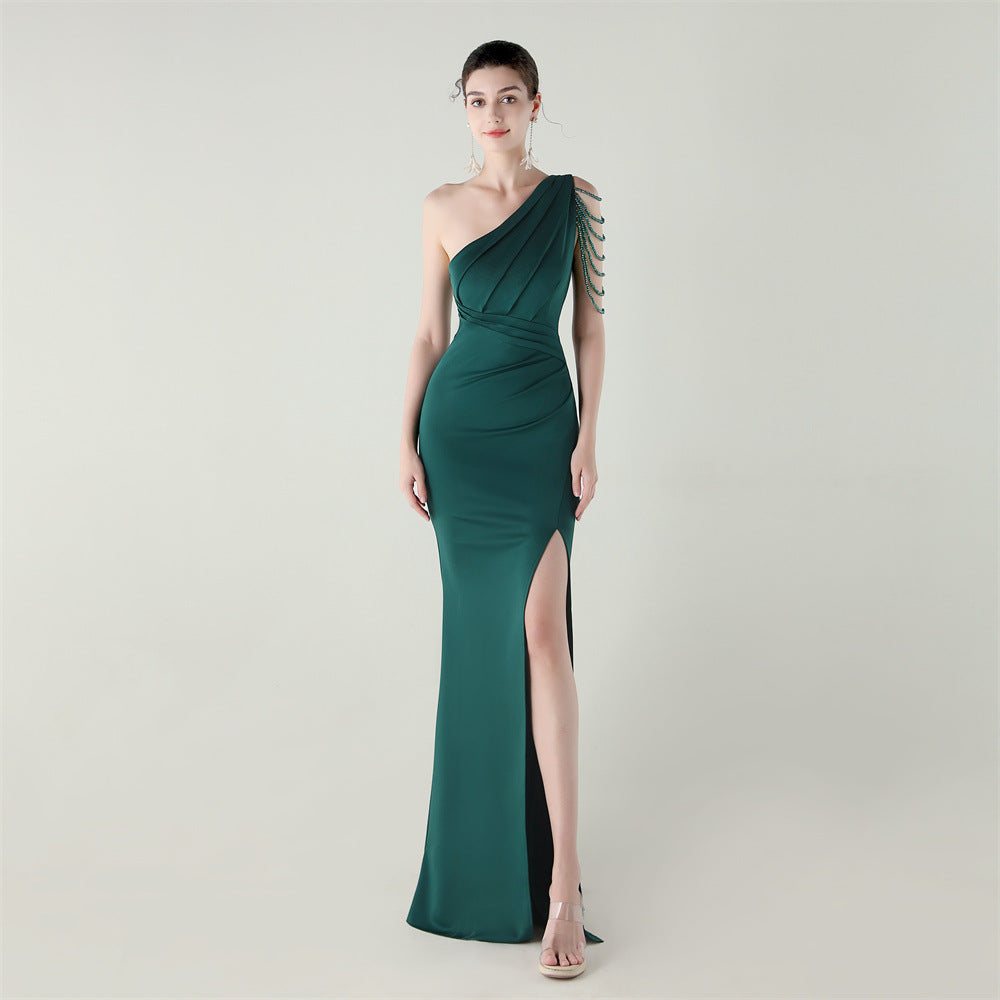 Women strapless satin pleated fishtail slit evening dress 12