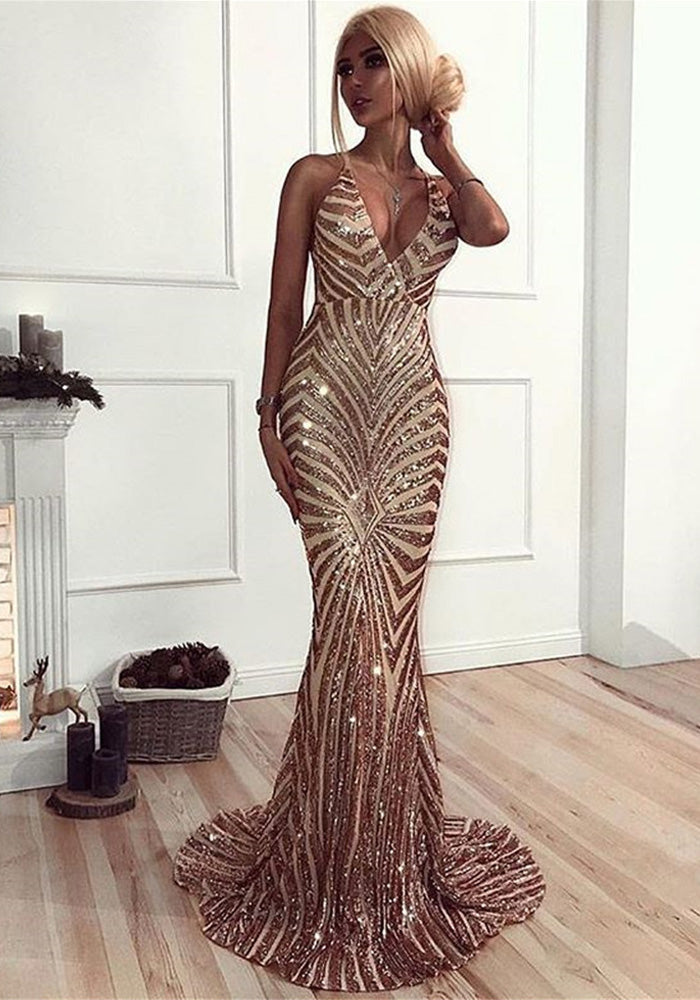 Summer Pink Sequins Straps Long Mermaid Evening Dress 3