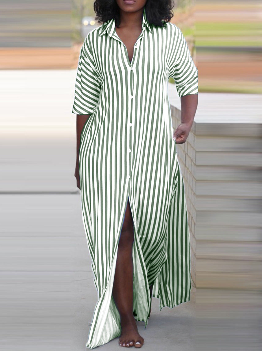 Women Summer Loose V-Neck Long Striped Shirt Dress 11