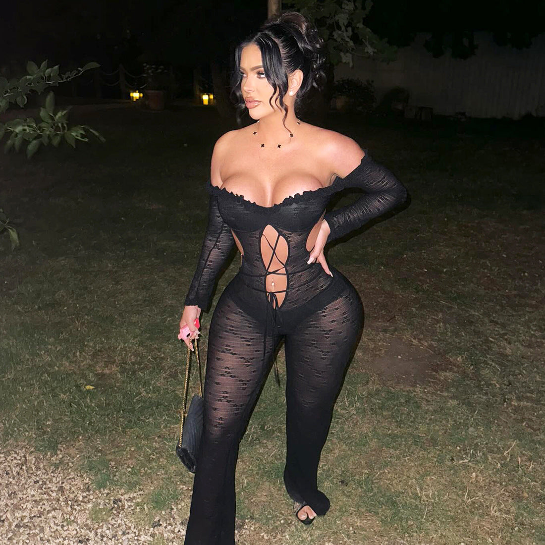 Women Fall Lace See-Through Sexy Jumpsuit