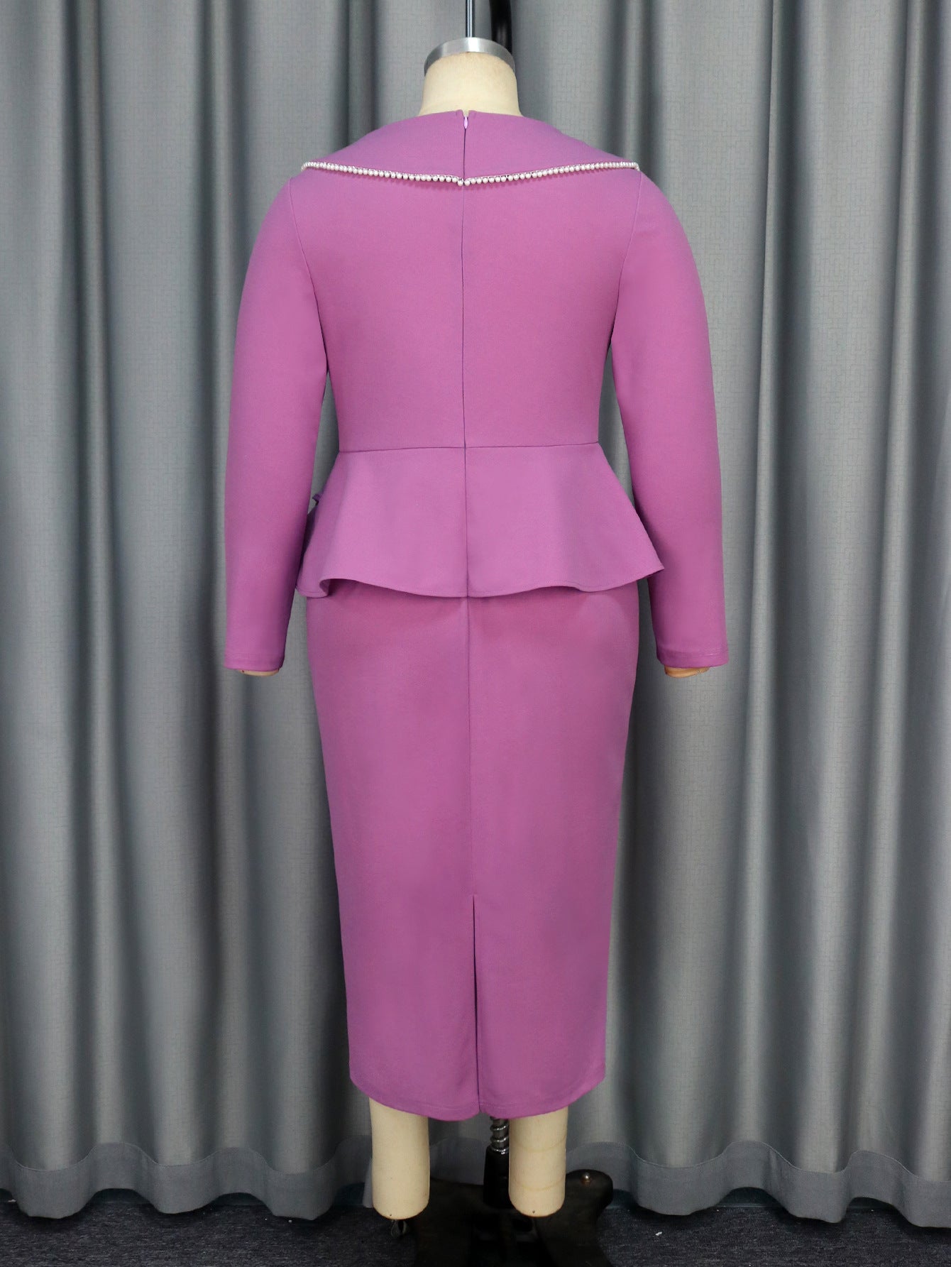 Chic Purple Ruffle Pearl Long-Sleeved Midi Dress 6