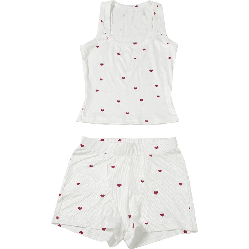 Women Summer Heart Print Vest Shorts Two Piece Set 14
