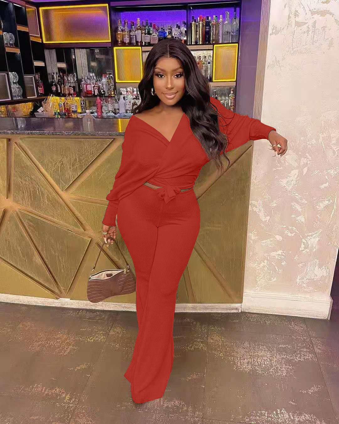 Fashionable Casual Solid Ribbed Loose-Cut Style Tie Bow Two Piece Set 3