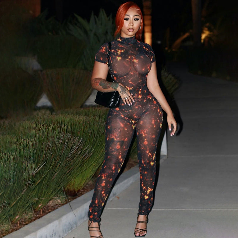 Women Summer Street Trend Mesh See-Through Print Backless Jumpsuit 3