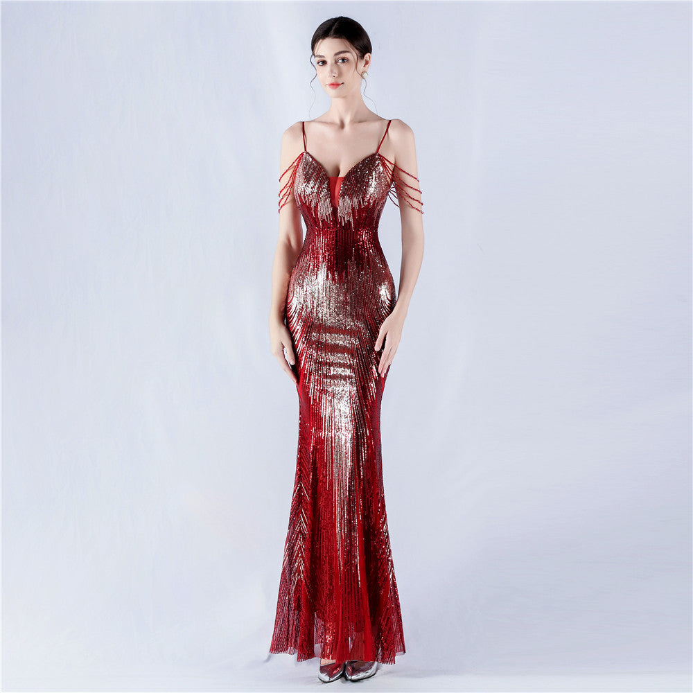 Women sequined beaded evening dress 5
