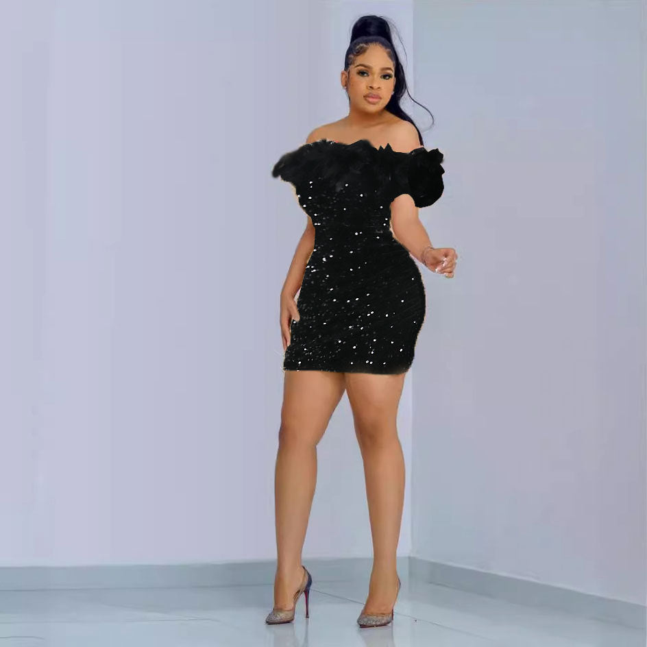 Sexy Sequin Feather Off Shoulder Bodycon Dress 6