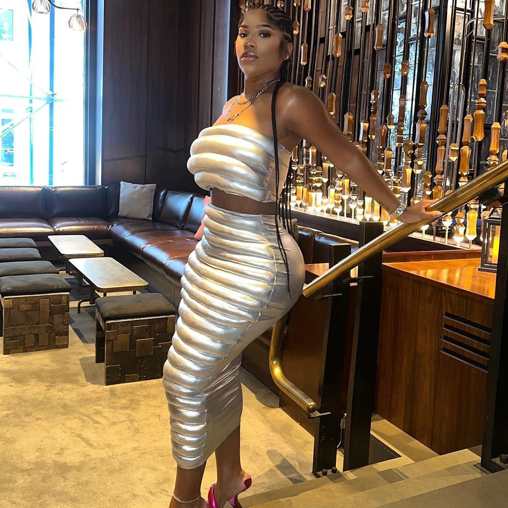 Winter Women's Sexy Cotton-Padded Crop Strapless Top Slim Long Skirt Two Piece Set