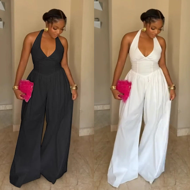 Elegant Halter Neck V-Neck Low-Back Solid Color Wide-Leg Jumpsuit 12