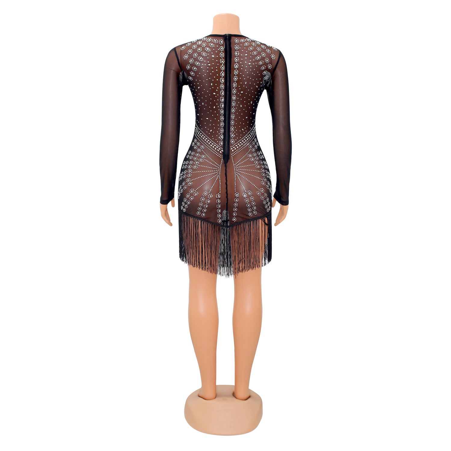 Summer Women's Fashion Sexy Mesh Beaded Fringe Long Sleeve Ladies Dress 11