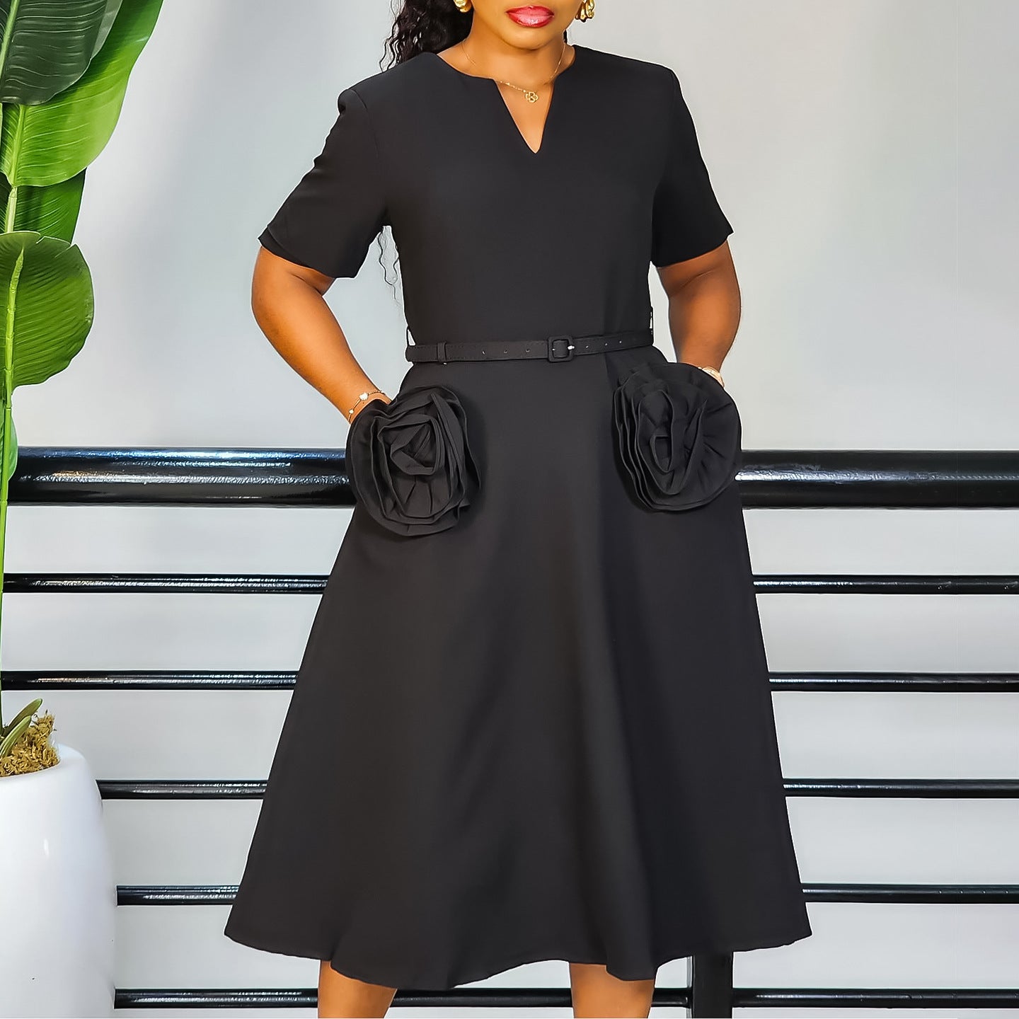 V-Neck Floral Summer Slim Waist A-Line Dress