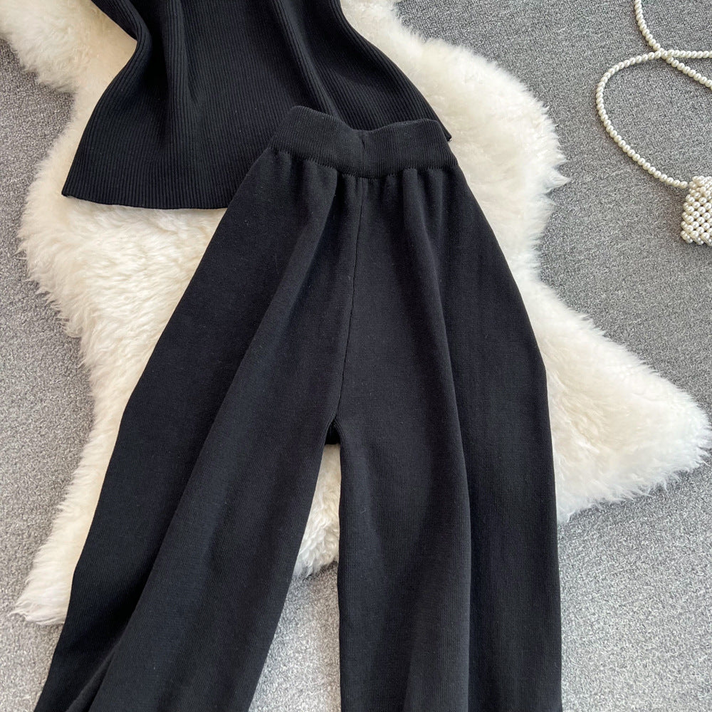 Fashion Women Sleeveless Slim Knitting Top Casual High Waist Straight Wide-Leg Pants Two-Piece Set 10