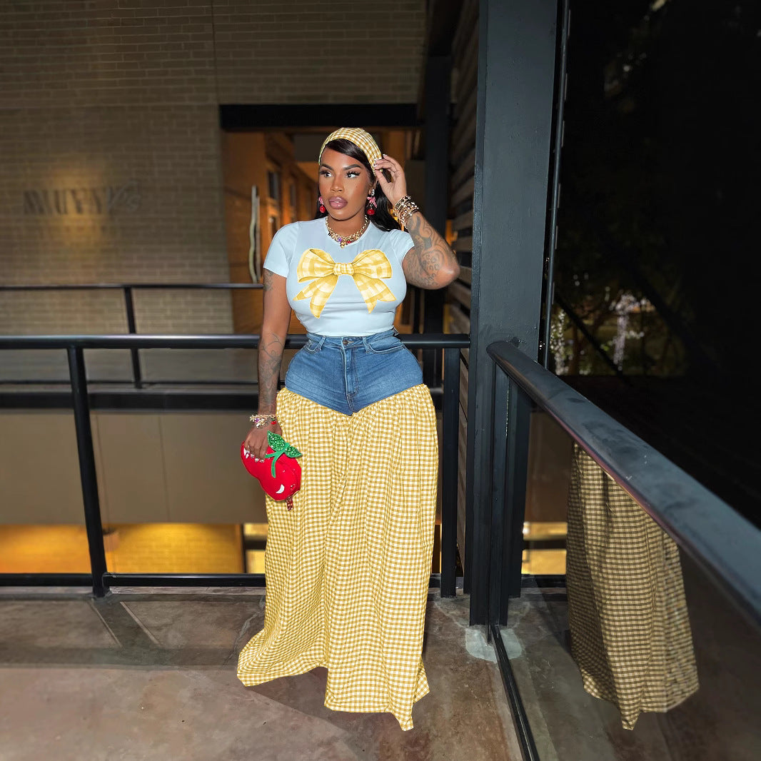 Women Patchwork Plaid Print T-shirt Casual Wide Leg Pants Two-piece Set 8