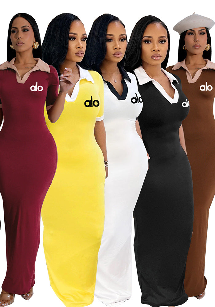 Women Retro Polo Collar Printed Maxi Dress