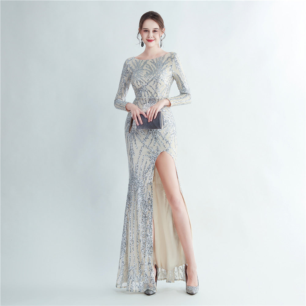 Women Sequin Long Sleeve Slit Evening Dress