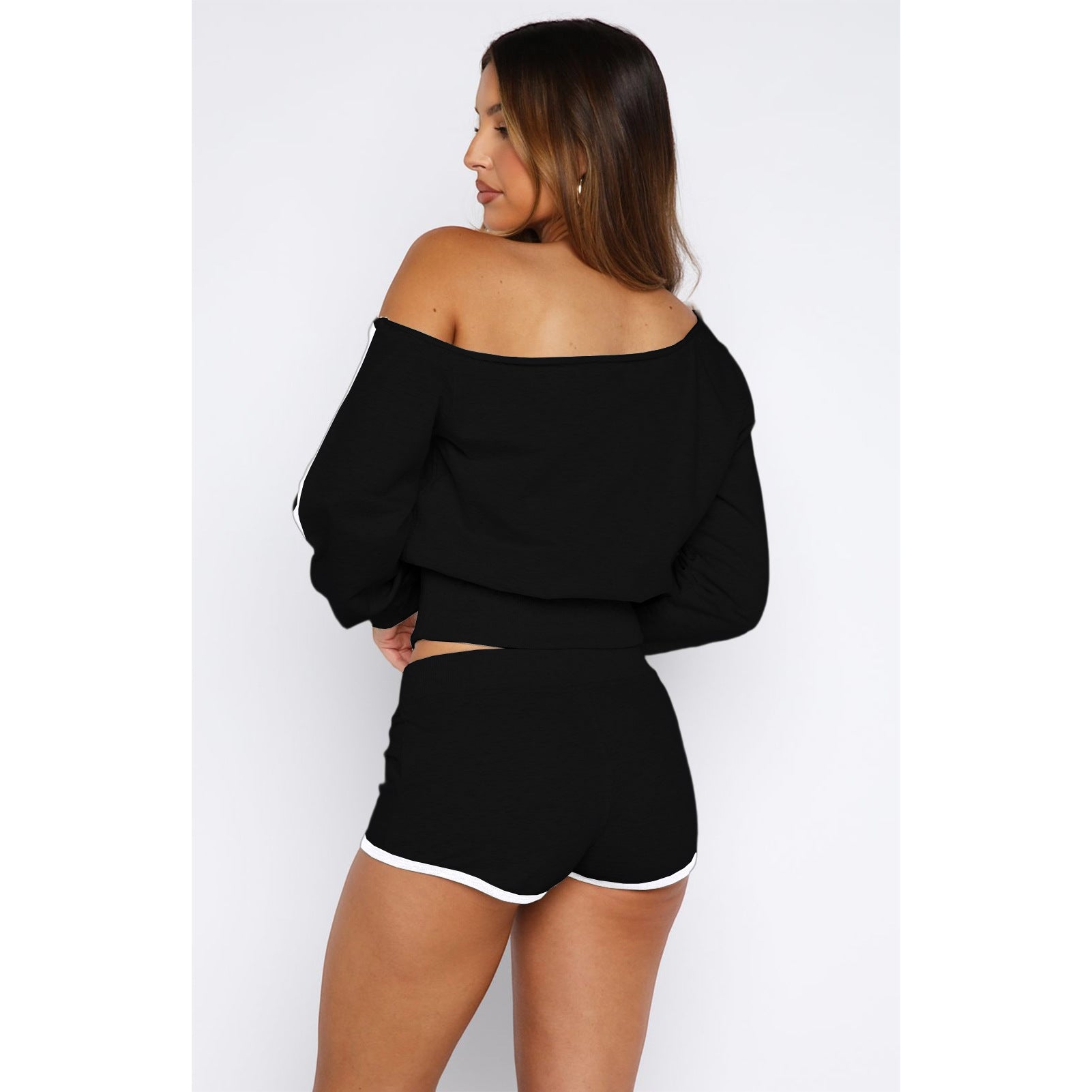 Women's Casual Slash Shoulder Long Sleeve Top Drawstring Shorts Two-Piece Set 59