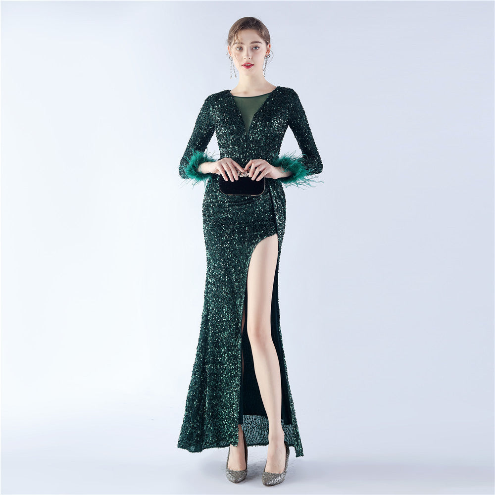 Women Sequined Ostrich Feather Long Sleeve Evening Gown 13