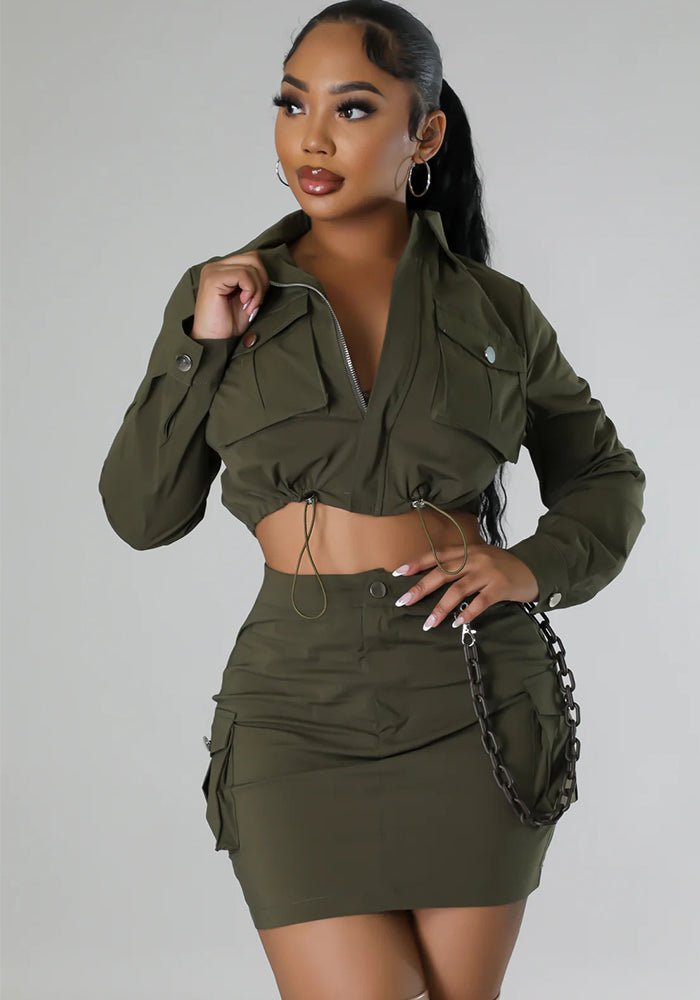Women Turndown Collar Long Sleeve Pocket Top and Skirt Two-piece Set