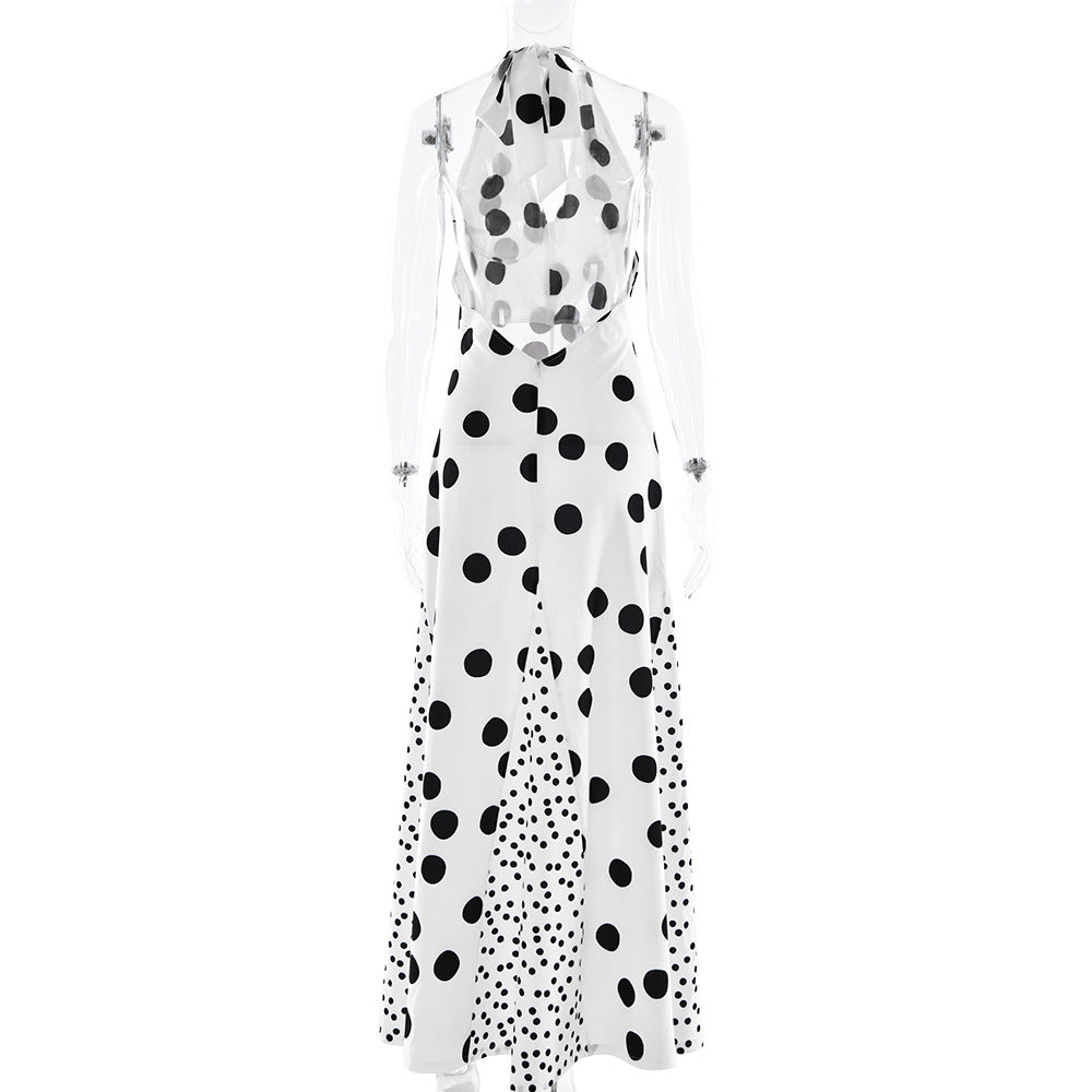 Women Summer Sexy V-Neck Lace-Up Polka Dot Patchwork Backless Maxi Dress 11