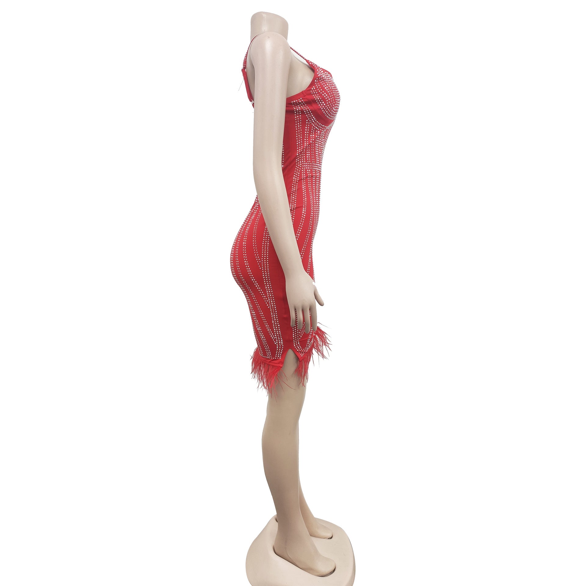 Women's Fashionable Sleeveless Beaded Feather Strap Club Dress 12