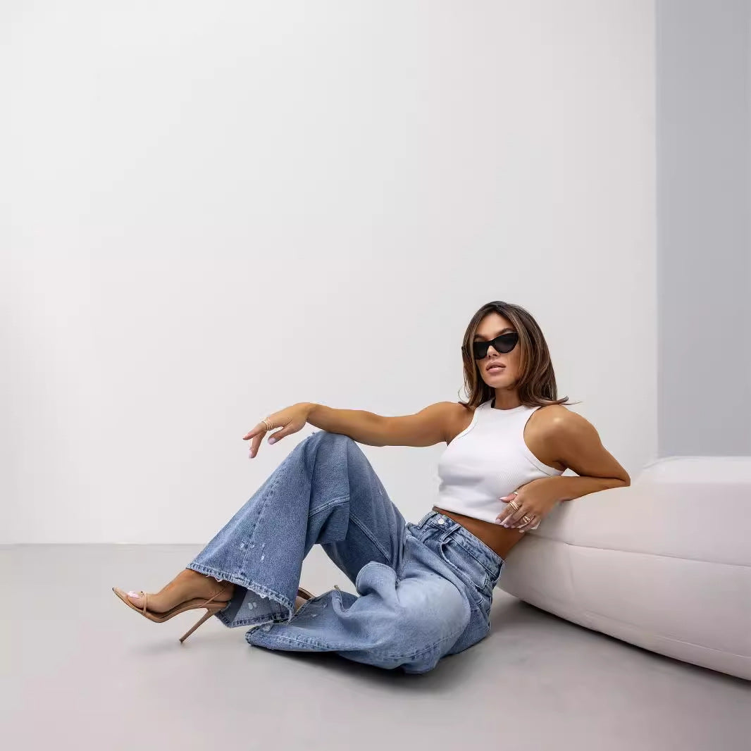 Straight Ripped Denim Pants Women's Summer Wide Leg Jeans 5