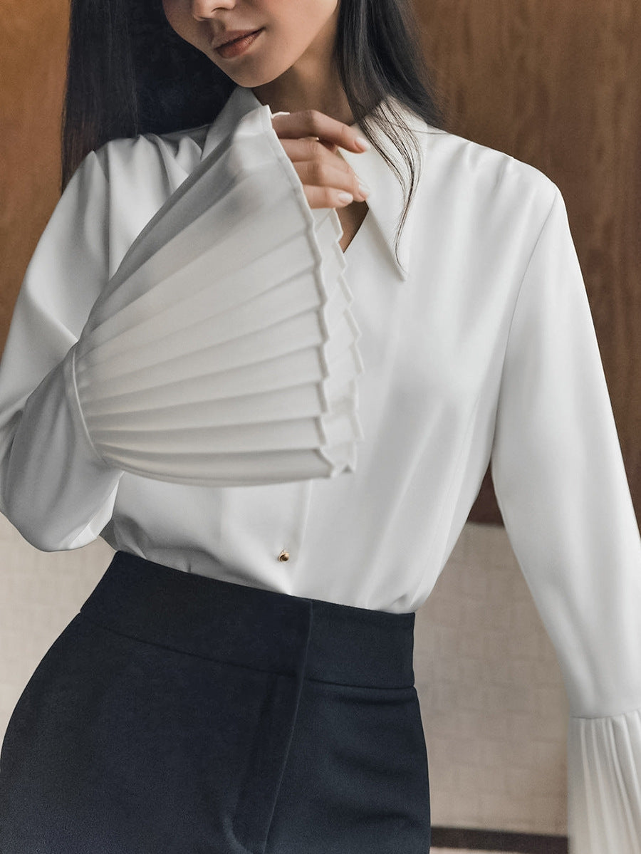 Women white sexy Turndown Collar long-sleeved hollow chiffon shirt 6