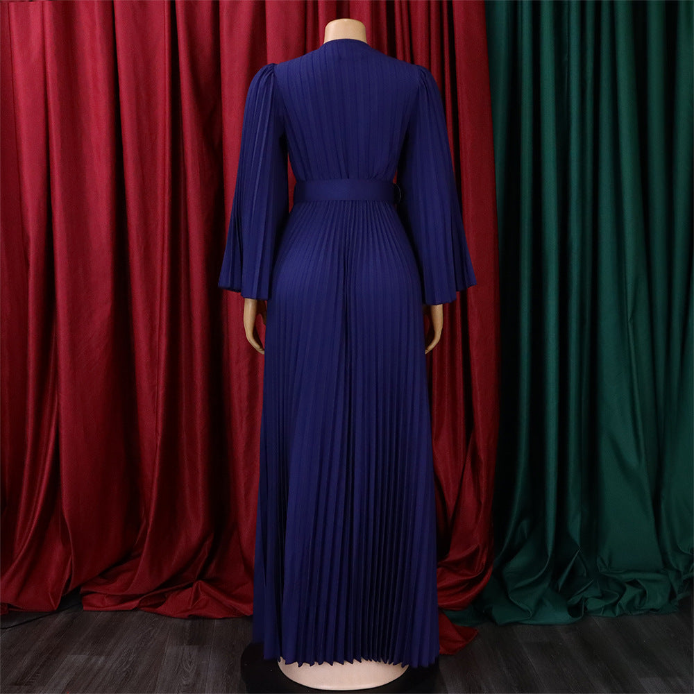 Elegant Women'S Solid Color V-Neck Sexy Pleated Long Dress Maxi Dress 33