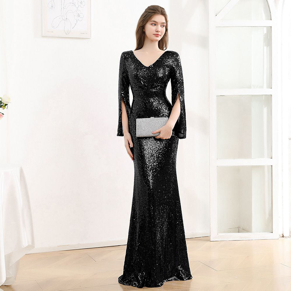 Women's Long Sleeve Formal Party Chic French Luxurious Sequined Mermaid Long Evening Dress 14