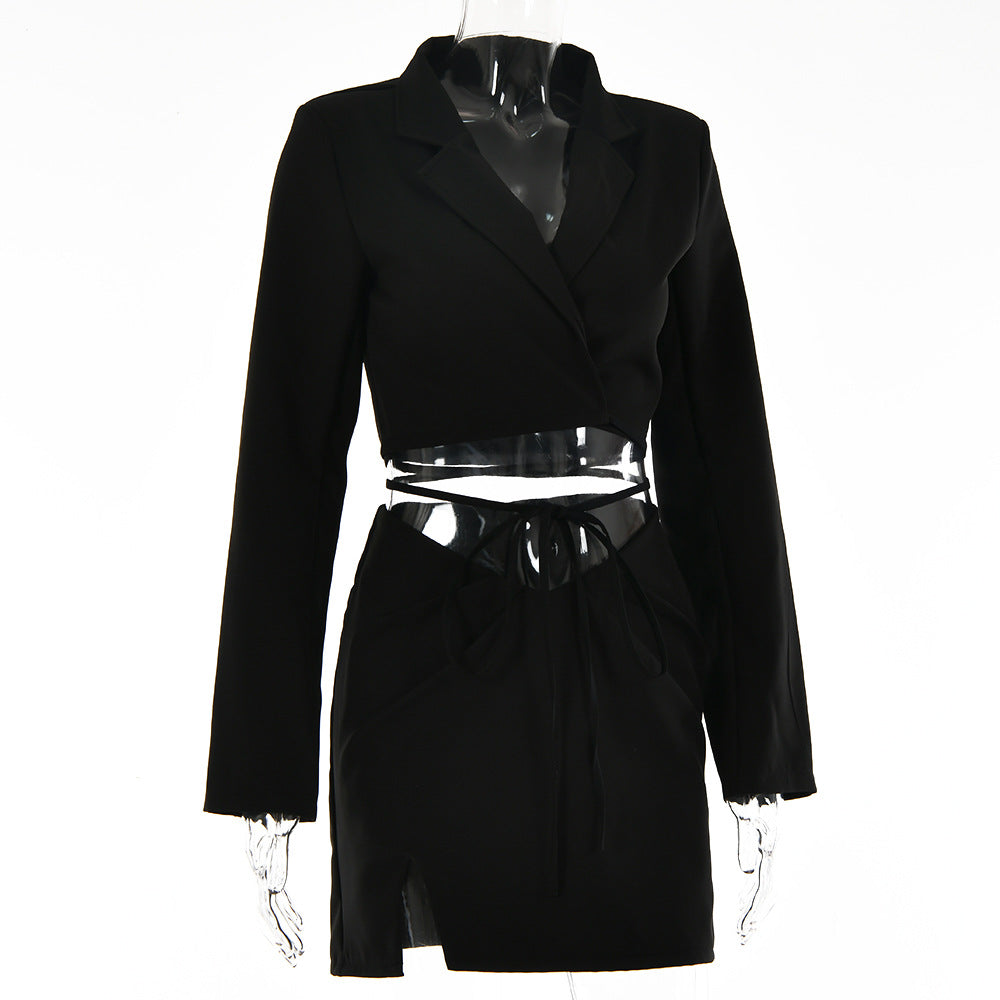 Women Sexy Lace-Up Blazer and Slit High Waist Skirt Two Piece Set 7