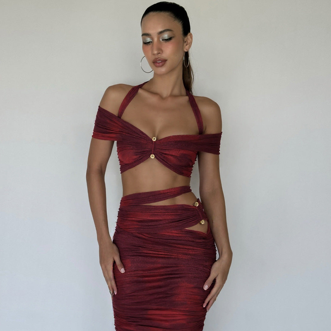 Summer Women's Sexy Halter Neck Off-Shoulder Sleeveless Top & Fitted Ruched Long Skirt Set 7