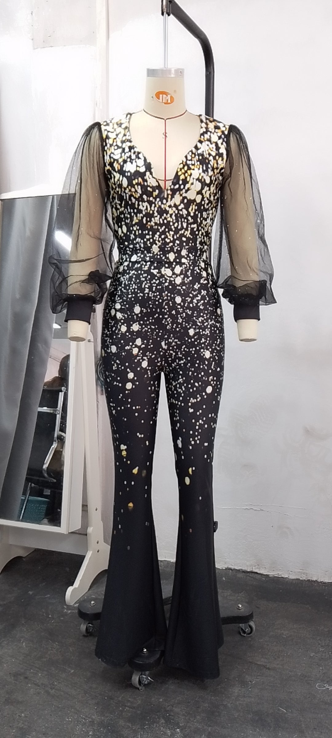 Women Autumn and Winter One Shoulder Sleeve Bright Diamond Print Jumpsuit 4