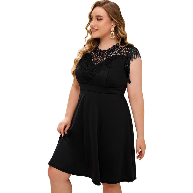 Plus Size Women Lace Round Neck Tassel Elegant Dress