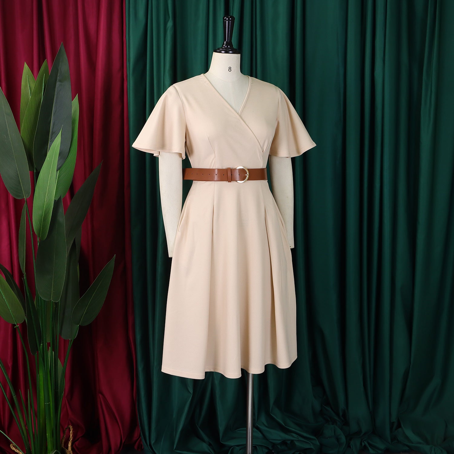 Plus Size Women Elegant Solid V-Neck Bell Bottom Sleeve African Dress 17