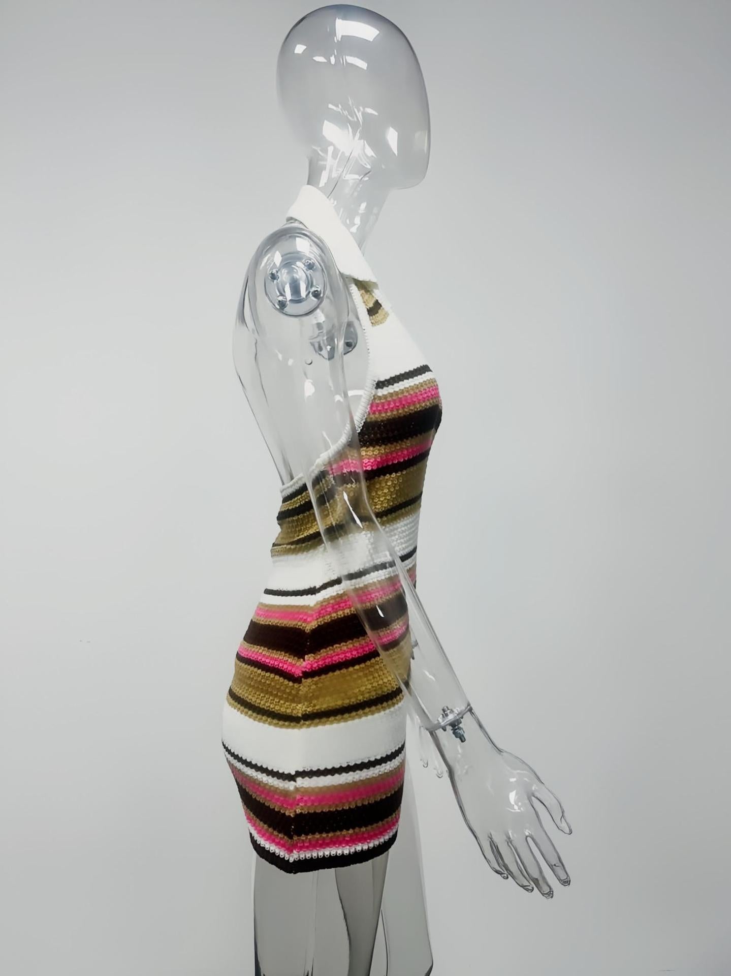 Summer Women's Striped Sexy V-Neck Halter Neck Knitted Bodycon Dress 11