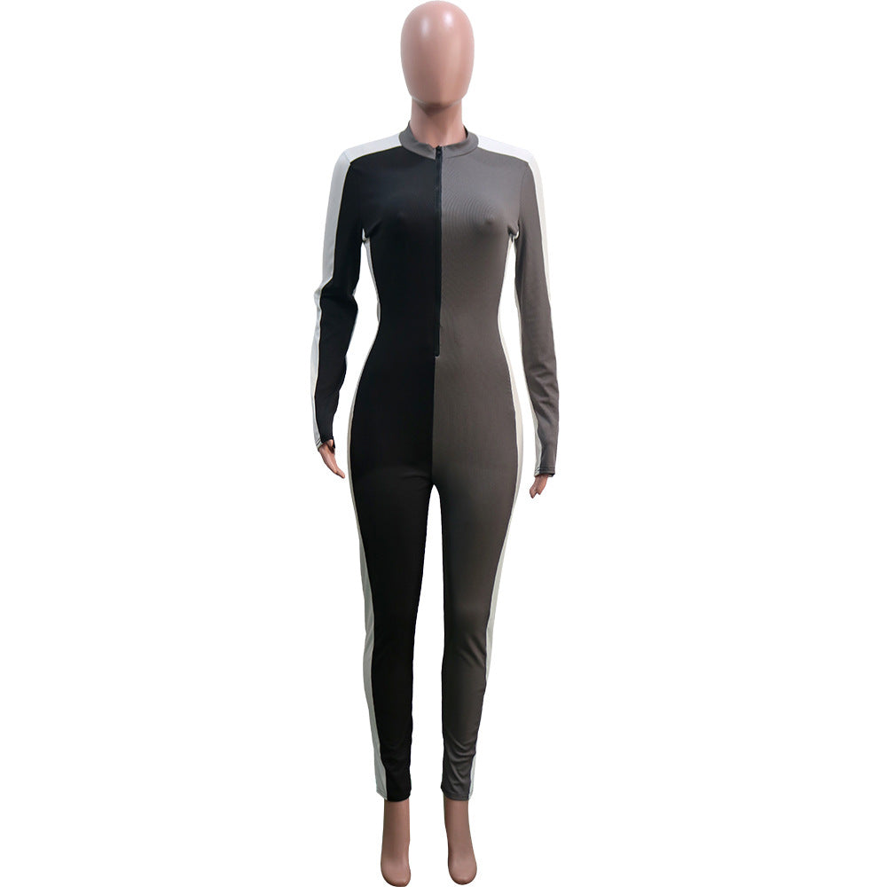 Women Sexy Contrast Color Zipper Patchwork Jumpsuit 10
