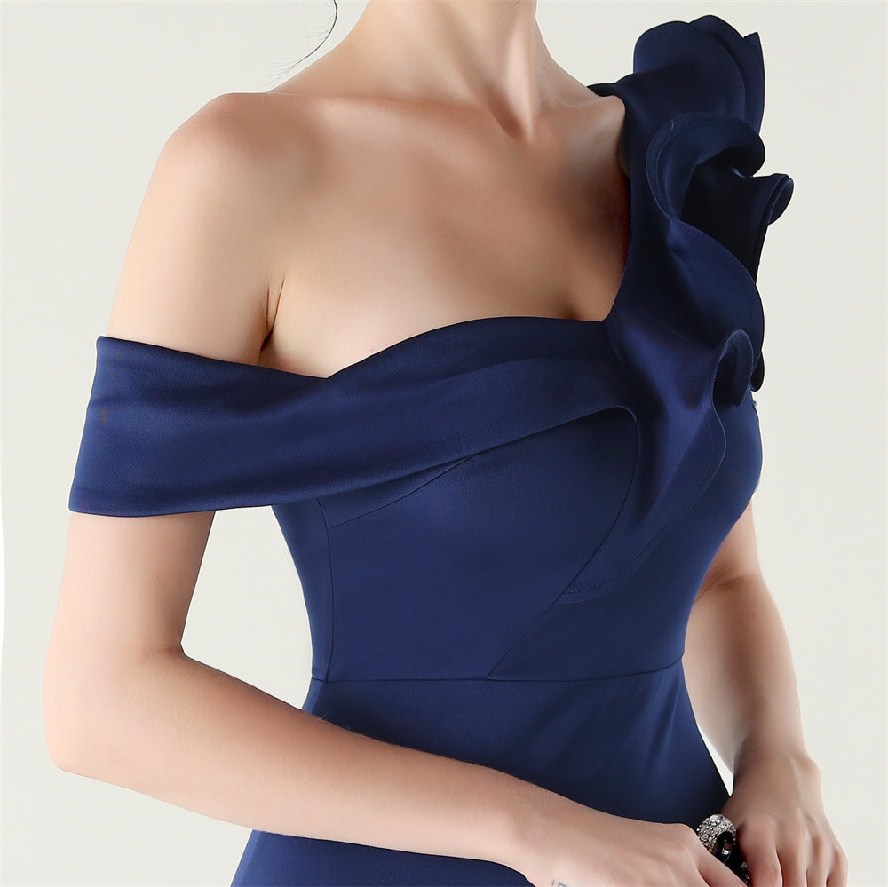 Women ruffled one-shoulder beaded fishtail formal party evening dress 33