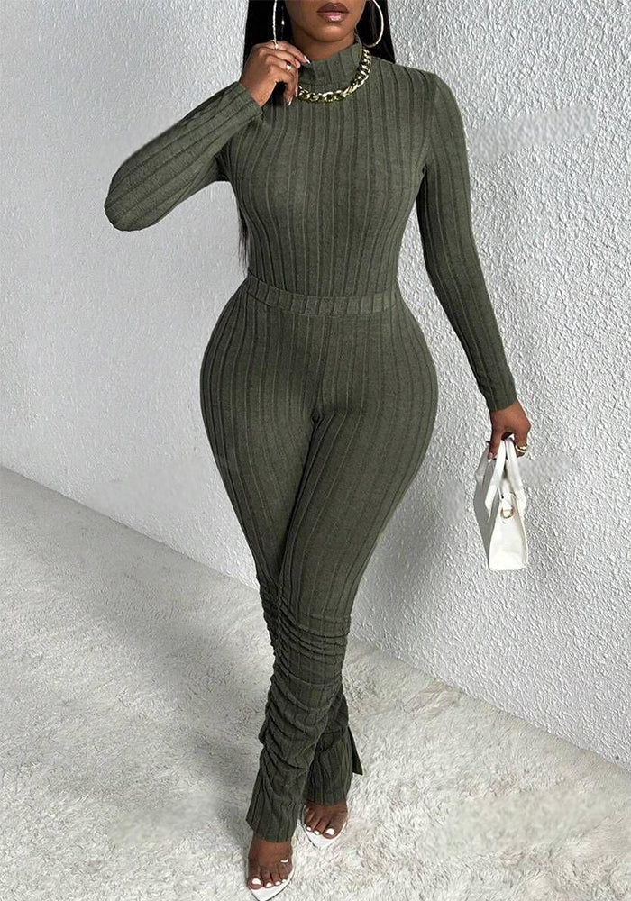 Women's Knitting Autumn And Winter Long Sleeve Fashion Solid Color Tight Slim Two Piece Pants Set