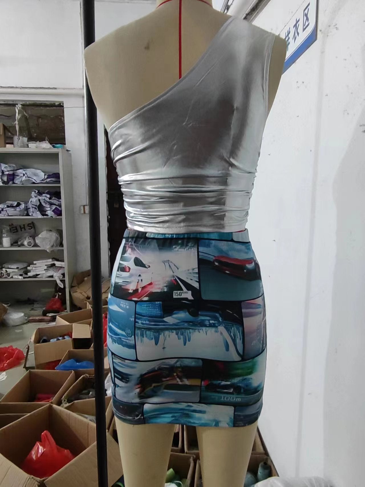 Outdoor Wear Women's Multicolor Shiny One Shoulder Top Faux Leather Print Skirt Two Piece Set 11