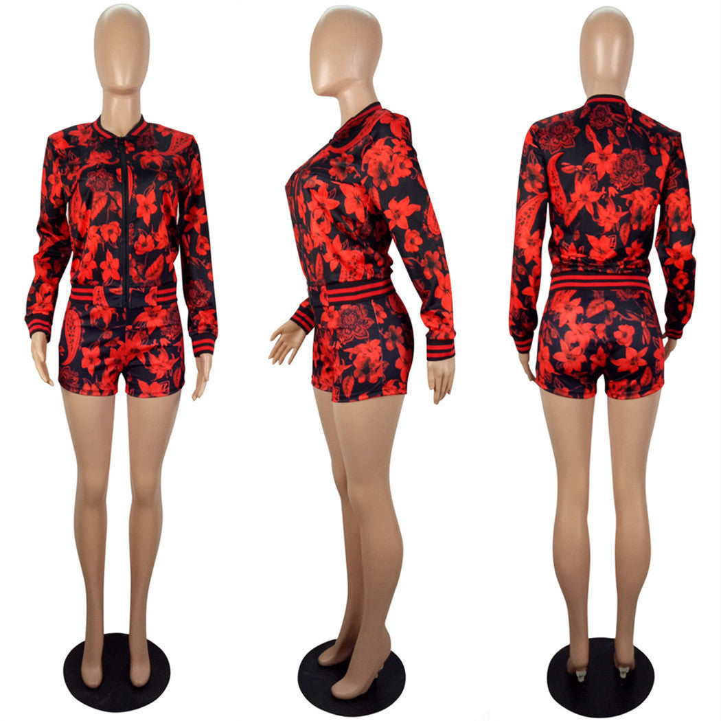 Women Autumn and Winter Style Print Long Sleeve Top And Shorts Two Piece Set 9
