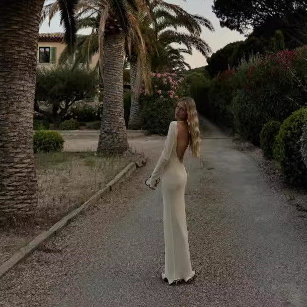 Sexy Low Back Bell Bottom Sleeve Ruffle Knitting Long Dress For Women 5