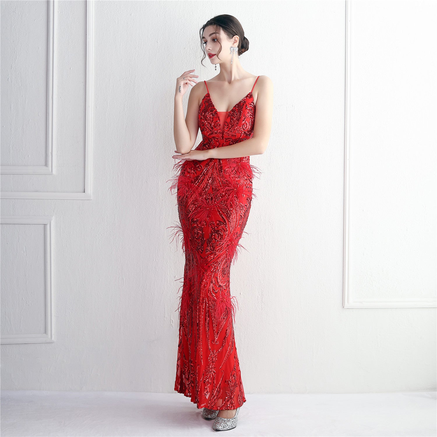 Positioning Flower Beading Wool Dress Long Formal Party Slim Evening Dress 12