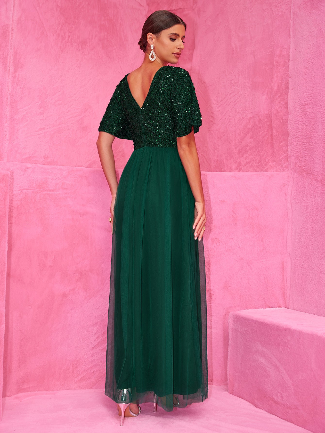 Women Elegant Sequin Short Sleeve Patchwork V-Neck Dress 6