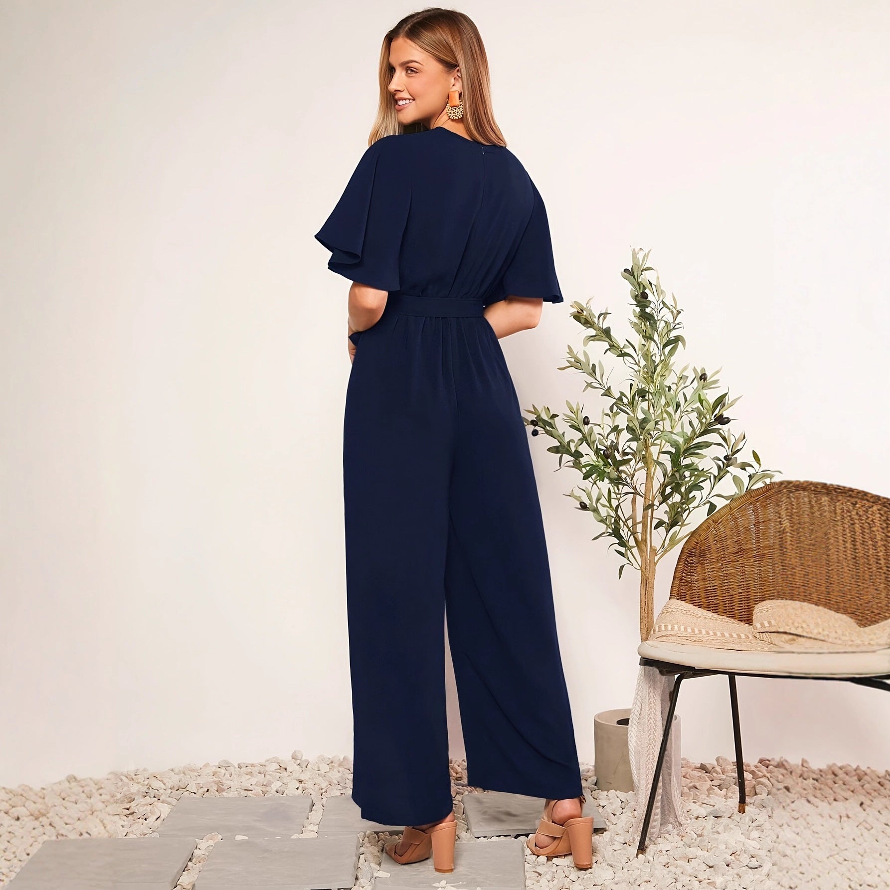 Women Holidays Solid V-Neck Ruffle Sleeve Lace-Up Jumpsuit 3