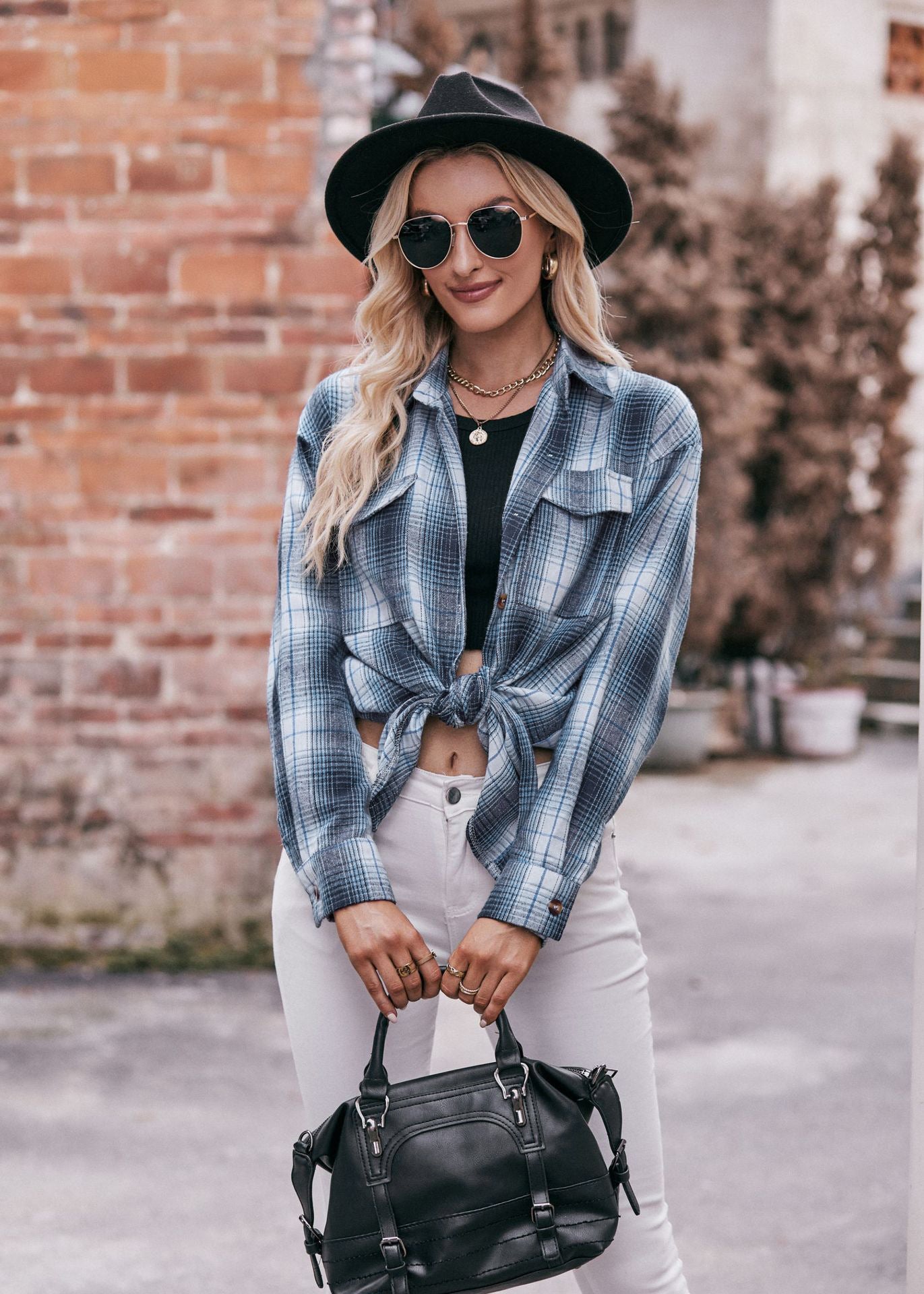 Women Casual oversize loose plaid shirt 5