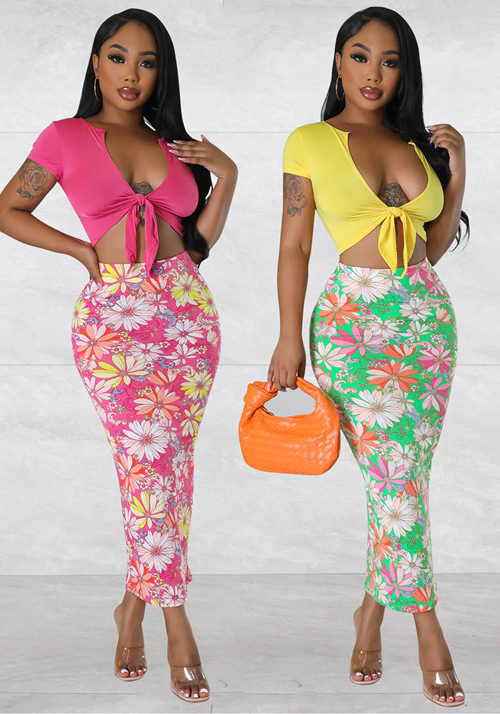 Summer Women's Sexy Print Short Sleeve Ladies Two-Piece Skirt Set
