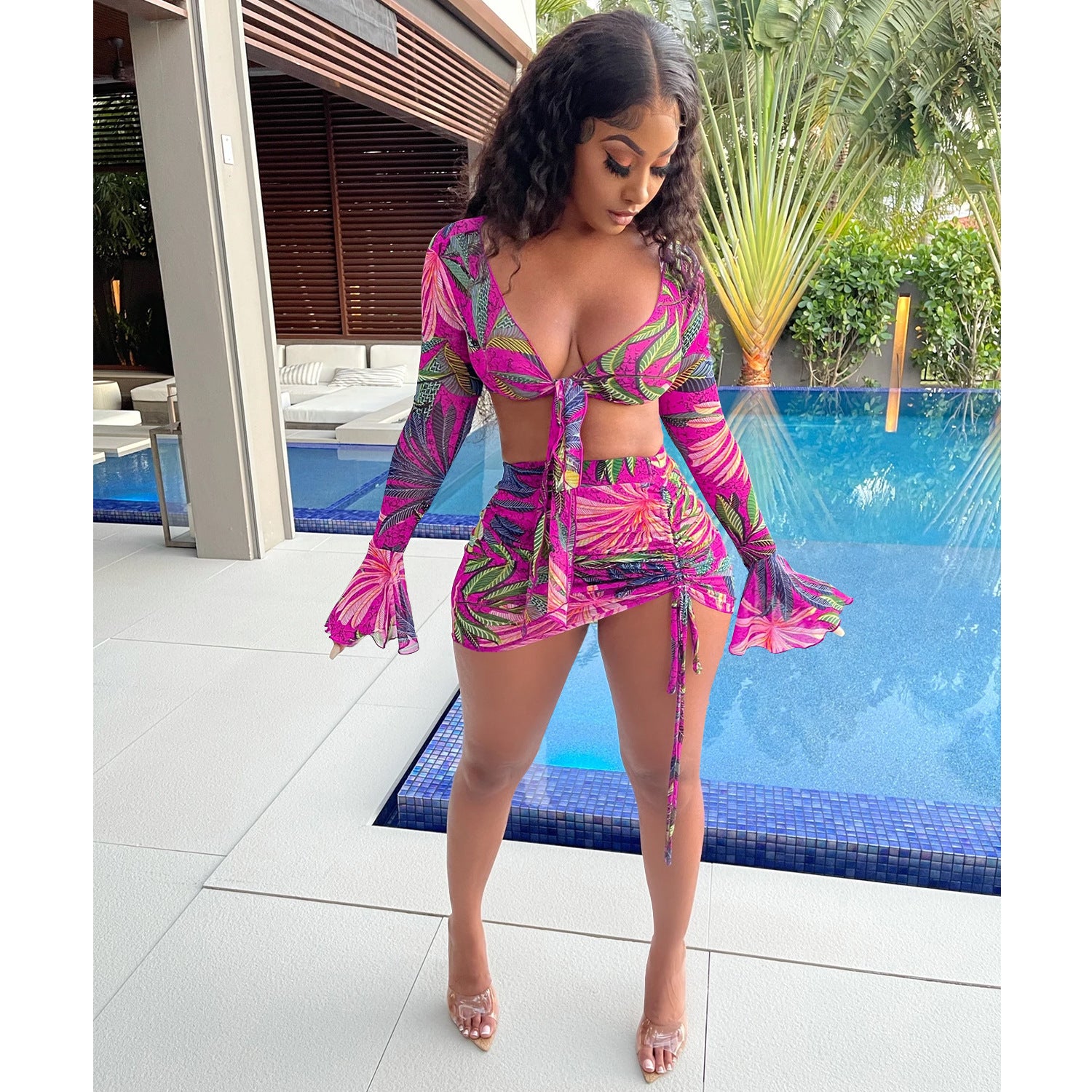 Women Printed V-Neck Lace-Up Long-Sleeved Top and Drawstring Skirt Two-Piece Set 5