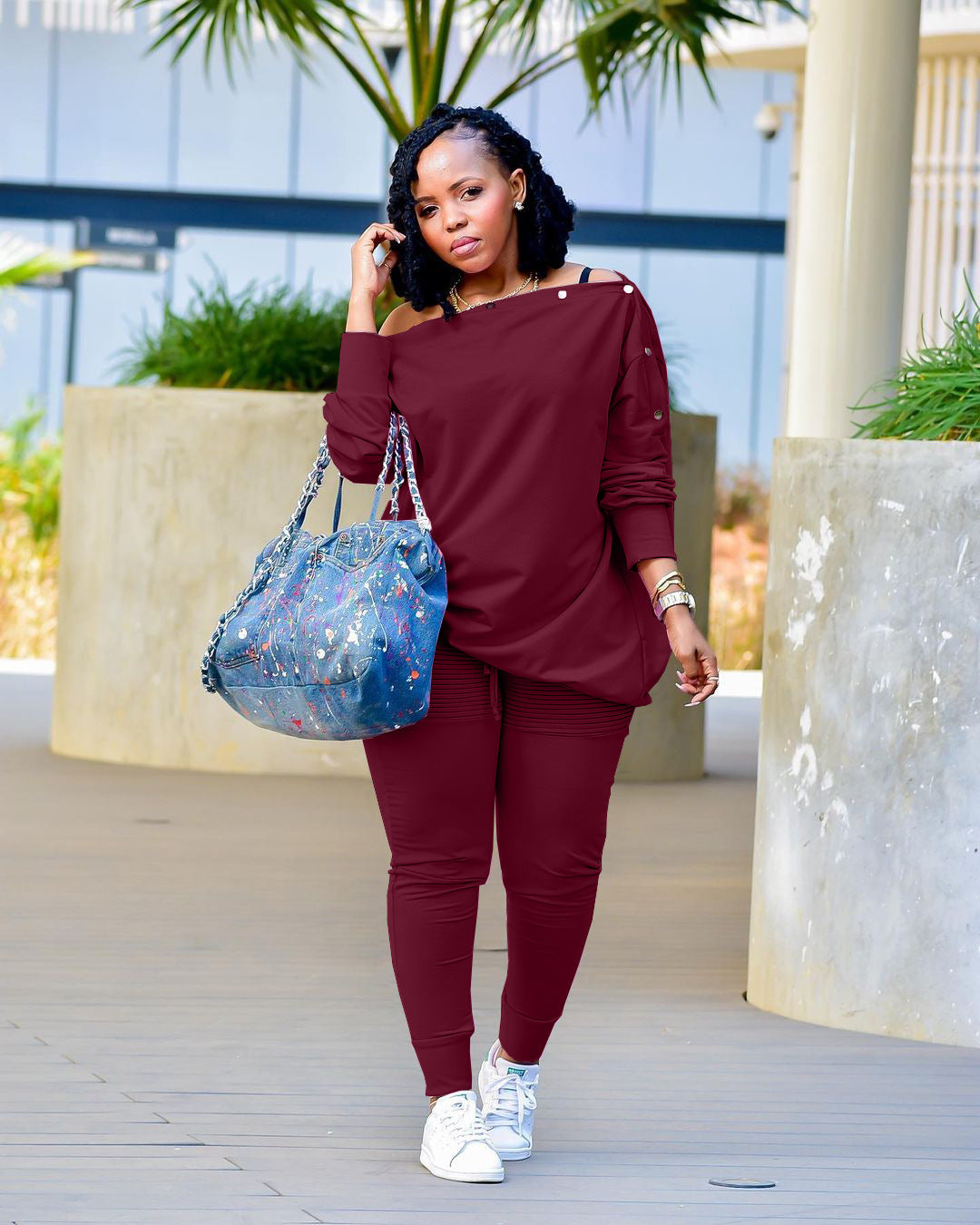 Autumn And Winter Women's Clothing Buttoned Off Shoulder Top Pants Casual Two-Piece Set 10